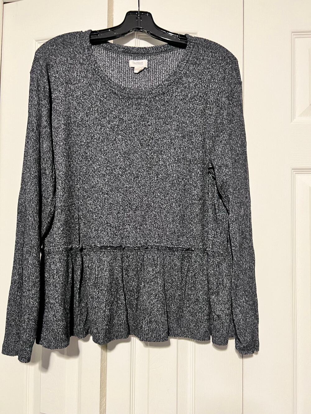 UpWest Womens Large Gray Rib Knit Peplum Sweater Ruffle Hem Soft Cozy EUC